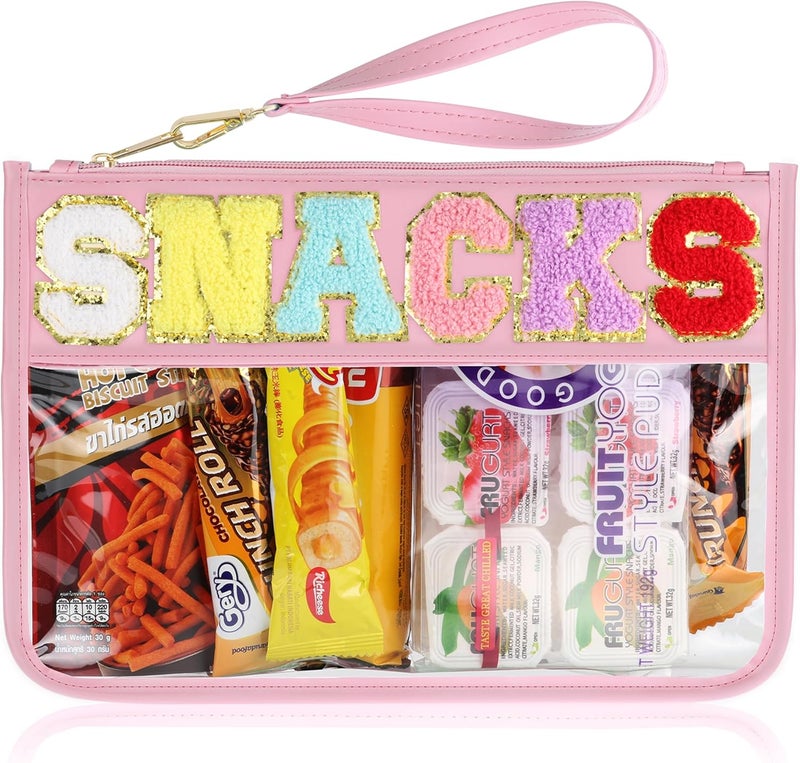 TESAFNG Snack Bag for Travel - Clear Chenille Varsity Letter Flat Pouch with Zipper, 12.2×8.46 inch Waterproof Clear Nylon Preppy Patch Makeup Cosmetic tote Bags for Women Girls - Image 1